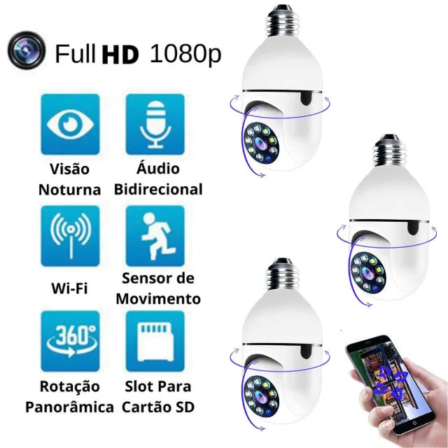 Câmera De Segurança 360 Graus Wi-Fi Full HD 1080p Com Gravador Microfone